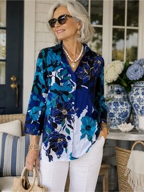 Chico's Blue Teal Floral Button down Tunic Shirt 3/4 Sleeve Coastal Grandma Sz.5